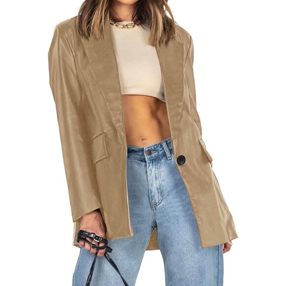 ✨Women Brown Jacket Long Sleeve Faux Leather Blazer Button Down Shacket Coats